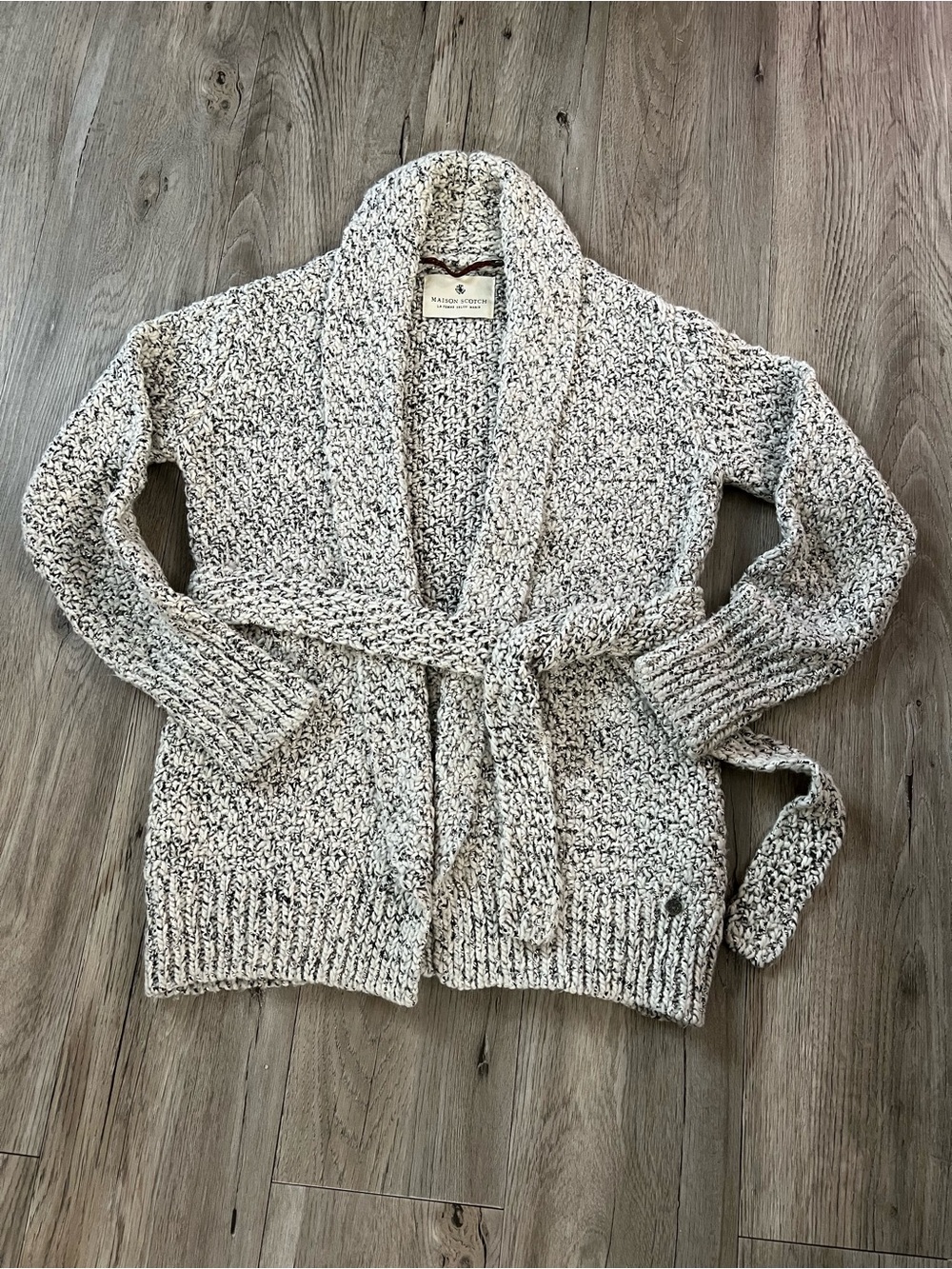Scotch & Soda Cream and Gray Marled Shawl-Collar Belted Cardigan